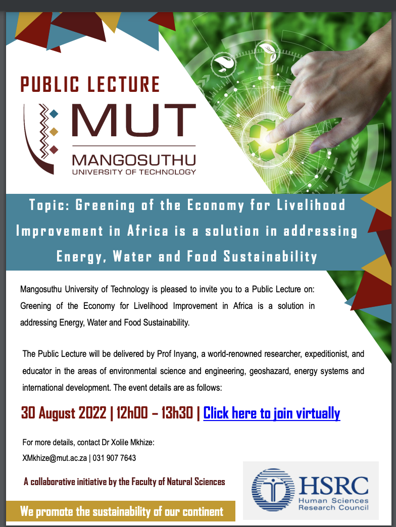 ENERGY TRANSITION: Mangosuthu University of Technology holds Public Lecture on Greening of Economy for Livelihood Improvement in Africa on August 30, 2022
