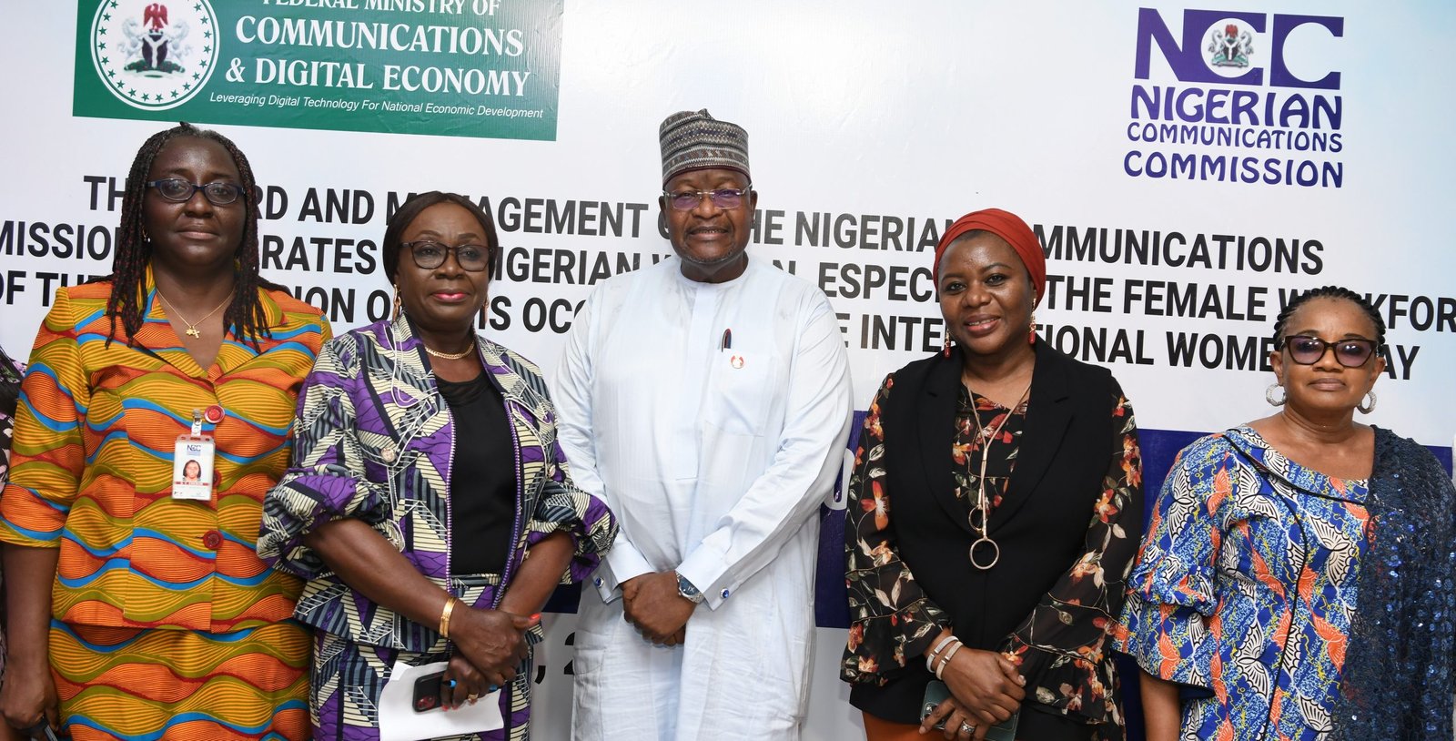 L-R: Stella Erebor, Deputy Director, Financial Services; Nnena Ukoha, Head, Corporate Communications; Prof. Umar Garba Danbatta, Executive Vice Chairman/Chief Executive Officer; Hafsat Lawal, Head, Human Capital and Helen Obi, Head, Telecom Laws & Regulation, all of the Nigerian Communications Commission, during the 2023 International Women's Day Celebration at the NCC Head Office in Abuja on Wednesday (March 8, 2023).