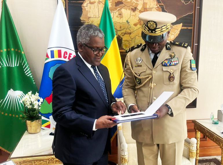 President/CE of Dangote Industries Limited, Aliko Dangote (left) in Gabon on invitation of the President, Brice Oligui Nguema (right) to explore investment opportunities in Cement and Fertilizer (Urea and Phosphate).