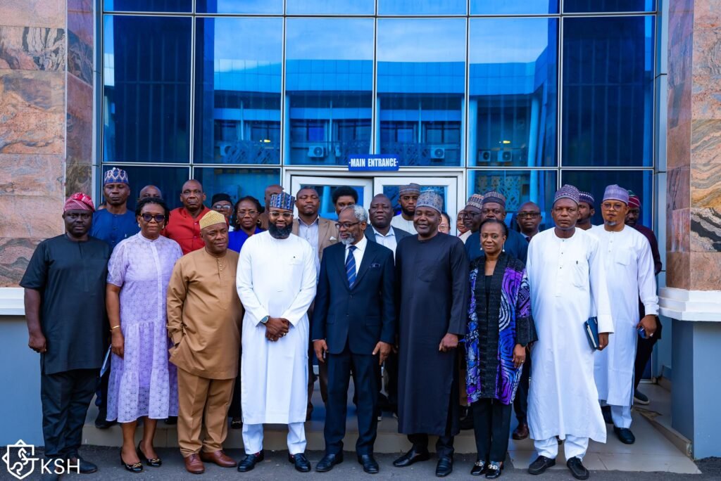 Director of Information, NASENI, Mr. Segun Ayeoyenikan; Coordinator Director, Planning and Business Development, NASENI, Mrs. Nonye Onyechi; Permanent Secretary, State House, Engr. Olufunso Adebiyi; EVC/CEO of NASENI, Mr. Khalil Suleiman Halilu; Chief of Staff to the President, Rt. Hon. Femi Gbajabiamila, CFR; Deputy Chief of Staff, Senator Ibrahim Hadeija; and other officials and management staff during a familiarisation visit to National Agency for Science and Engineering Infrastructure (NASENI) headquarters in Abuja on Thursday, August 22, 2024.