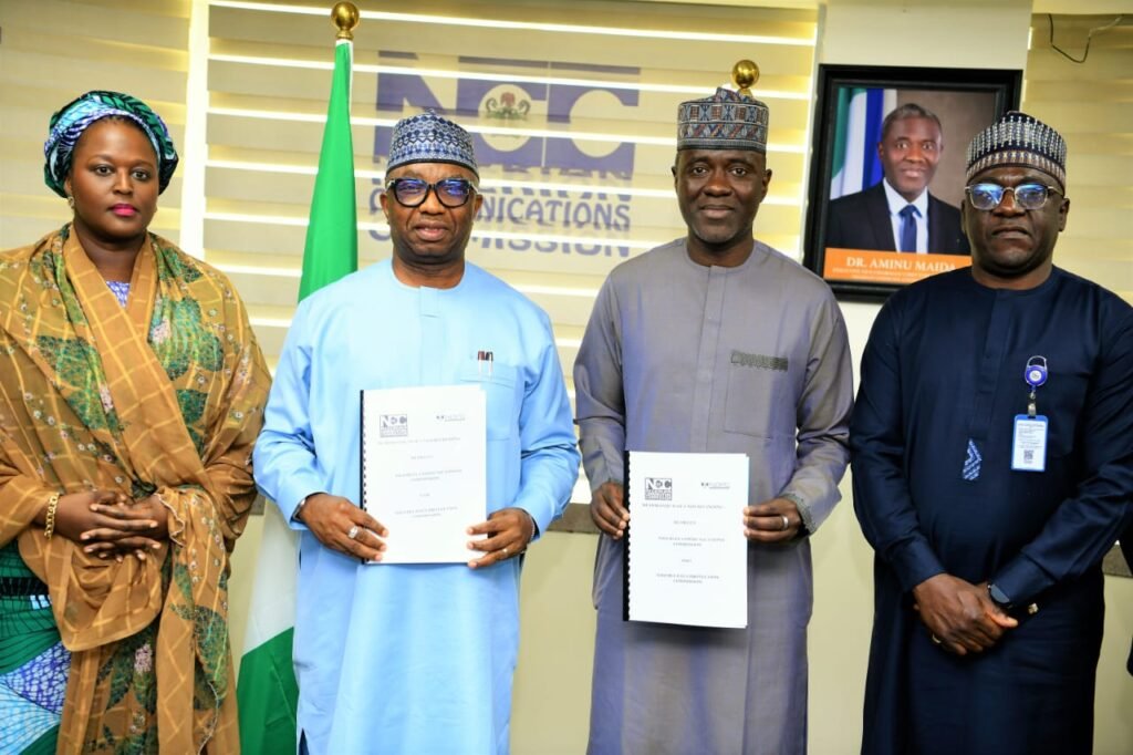 L - R; Barr. Rimini Makama, Executive Commissioner Stakeholder Management, Nigerian Communications Commission, NCC; Dr Vincent Olatunji, National Commissioner and CEO, Nigeria Data Protection Commission; Dr Aminu Maida, Executive Vice Chairman/CEO, NCC, and Engr. Abraham Oshadami, Executive Commissioner Technical Services, NCC, during the singing of the Memorandum of Understanding between NCC and NDPC, on 5th February 2026 at the NCC Headquarters, Abuja.