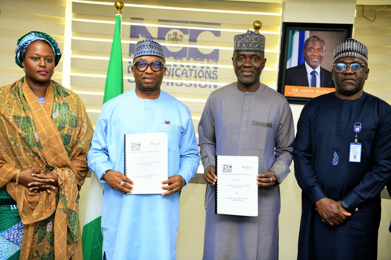 L - R; Barr. Rimini Makama, Executive Commissioner Stakeholder Management, Nigerian Communications Commission, NCC; Dr Vincent Olatunji, National Commissioner and CEO, Nigeria Data Protection Commission; Dr Aminu Maida, Executive Vice Chairman/CEO, NCC, and Engr. Abraham Oshadami, Executive Commissioner Technical Services, NCC, during the singing of the Memorandum of Understanding between NCC and NDPC, on 5th February 2026 at the NCC Headquarters, Abuja.
