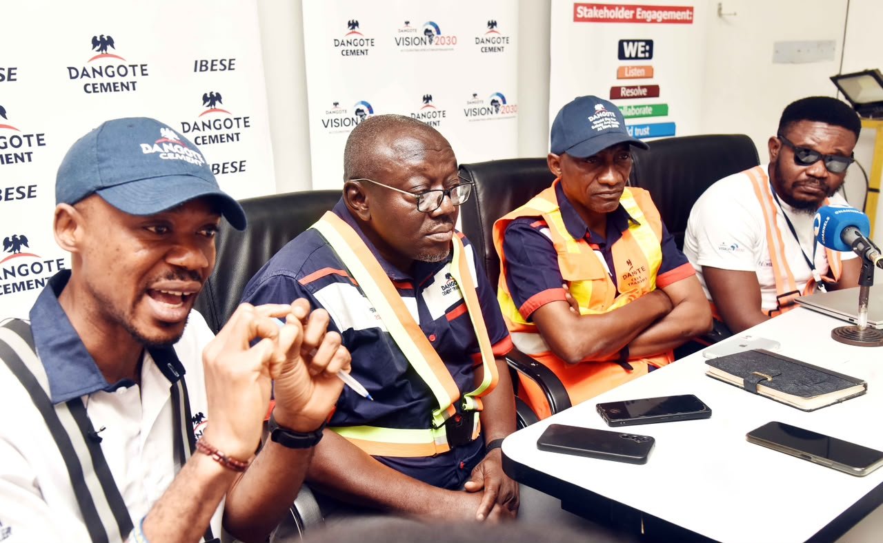 L-R, Head of Transport Control, Dangote Ibese Plant, Ifeanyi Ezeala; Head of Transport Operations, Ibese Plant, David Idiege James; Divisional Director of Transport, Ibese Plant, Yusuf Balarabe; Head of safety, Dangote Transport Ibese Plant, Abau Peter Randy during the visit to Dangote Transport Ibese Plant’s Digital truck monitoring Dashboard as part of the Road Safety measures to track it's drivers real time Online, in Ibese Ogun state at the weekend.